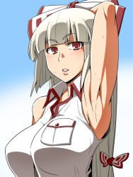 Rule 34 | 1girl, alternate costume, arm up, armpits, arms behind head, arms up, azuman, bow, breasts, contemporary, fujiwara no mokou, hair bow, large breasts, long hair, red eyes, ribbon, silver hair, sleeveless, solo, sweat, touhou