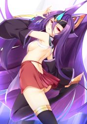 Rule 34 | 1girl, ass, bare shoulders, blazblue, blazblue: central fiction, breasts, detached sleeves, hades izanami, headgear, horns, long hair, mikado (blazblue), naoki (endofcentury102), ponytail, purple hair, red eyes, red skirt, shiny skin, sideboob, single horn, skirt, small breasts, solo, tagme, thighhighs, very long hair
