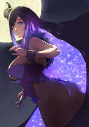 Rule 34 | 1girl, absurdres, armpits, ass, blush, breasts, broken horn, brown dust 2, colored inner hair, demon girl, demon horns, eclipse (brown dust 2), from below, full moon, hair over one eye, highres, horn ornament, horn ring, horns, large breasts, leotard, lipstick, long hair, looking at viewer, looking down, makeup, moon, multicolored hair, open mouth, purple eyes, purple hair, purple leotard, purple wrist cuffs, sideboob, smile, solo, sparkle, teeth, user ucrz3837, very long hair