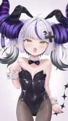 Rule 34 | 1girl, absurdres, adjusting clothes, adjusting leotard, ahoge, alternate costume, animal ears, bare shoulders, black hair, black horns, black leotard, blush, bow, bowtie, breasts, brown pantyhose, cleavage, colored tips, commentary, covered horns, covered navel, crescent, crescent hair ornament, demon girl, demon horns, detached collar, ear piercing, earrings, fake animal ears, fang, grey hair, hair ornament, highleg, highleg leotard, highres, hololive, horns, jewelry, knees out of frame, la+ darknesss, leotard, long hair, looking at viewer, multicolored hair, open mouth, pantyhose, pichu (mew0206mew), piercing, playboy bunny, pointy ears, purple hair, purple horns, purple nails, rabbit ears, simple background, slit pupils, small breasts, solo, standing, star (symbol), star hair ornament, strapless, strapless leotard, streaked hair, striped horns, tail, traditional bowtie, twintails, virtual youtuber, white background, wrist cuffs, x hair ornament, yellow eyes