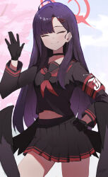 Rule 34 | 1girl, \||/, ahoge, armband, asymmetrical hair, black choker, black gloves, black sailor collar, black serafuku, black skirt, black wings, blue archive, blunt bangs, blush, breasts, cherry blossoms, choker, closed eyes, closed mouth, cloud, cloudy sky, contrapposto, cowboy shot, day, facing viewer, gloves, hair behind ear, hair ornament, hairclip, halo, hand on own hip, hand up, highres, ichika (blue archive), long hair, long sleeves, low wings, medium breasts, midriff peek, miniskirt, navel, neckerchief, outdoors, parted bangs, pleated skirt, punished pigeon, purple hair, red armband, red halo, red neckerchief, red trim, sailor collar, school uniform, serafuku, skirt, sky, smile, solo, thick eyelashes, thighs, waving, wings