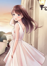 Rule 34 | 1girl, :d, bare arms, bare shoulders, blush, bow, breasts, brown hair, building, cloud, commentary request, dress, grey eyes, lantern, long hair, looking back, open mouth, original, outdoors, plant, potted plant, sky, sleeveless, sleeveless dress, small breasts, smile, solo, stairs, stone stairs, sunset, teeth, upper teeth only, wall lamp, white bow, white dress, yukimaru217