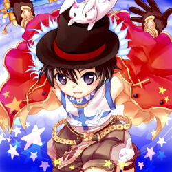 Rule 34 | 1boy, :3, arms behind back, black eyes, black hair, black hat, blue background, brown gloves, brown shorts, cape, commentary request, cross, feet out of frame, gloves, hair between eyes, hat, looking at viewer, lowres, male focus, open mouth, rabbit, ragnarok online, red cape, shiosumi aya, shirt, short hair, shorts, sleeveless, sleeveless shirt, smile, solo, star (symbol), super novice (ragnarok online), top hat, white shirt