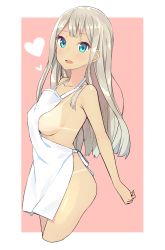 Rule 34 | 1girl, apron, areola slip, blue eyes, blush, breasts, character request, heart, large breasts, long hair, looking at viewer, naked apron, open mouth, sideboob, silver hair, smile, solo, standing, tan, tanline, tunamayochan