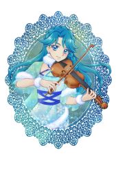 Rule 34 | 1girl, aizen (syoshiyuki), blue dress, blue eyes, blue hair, closed mouth, dress, earrings, floating hair, fur-trimmed sleeves, fur trim, go! princess precure, hair tubes, highres, holding, holding instrument, holding violin, instrument, jewelry, kaidou minami, long hair, looking at viewer, music, playing instrument, precure, short sleeves, simple background, solo, standing, very long hair, violin, white background, wrist cuffs
