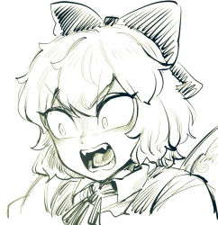 Rule 34 | 1girl, bow, cirno, constricted pupils, fangs, greyscale, hair bow, medium hair, monochrome, open mouth, portrait, sketch, solo, spacezin, surprised, touhou, v-shaped eyebrows