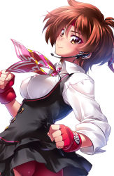 Rule 34 | 1girl, ascot, black dress, brown eyes, brown hair, buruma, buruma under skirt, clenched hands, closed mouth, commentary request, covered erect nipples, dress, dutch angle, fingerless gloves, gloves, headband, headset, highres, kasugano sakura, kuzuryuu kennosuke, layered dress, long sleeves, looking at viewer, looking back, monster hunter, monster hunter: world, monster hunter (series), multicolored hair, no bra, red buruma, red gloves, red headband, shirt, short dress, short hair, simple background, smile, solo, standing, street fighter, upper body, white background, white shirt, wing collar