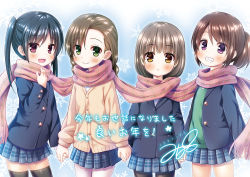 Rule 34 | 4girls, :d, black hair, black legwear, blush, braid, brown eyes, brown hair, character request, child, commentary, copyright request, green eyes, grin, holding hands, jacket, long hair, looking at viewer, multiple girls, open mouth, original, pantyhose, pink scarf, plaid, plaid scarf, pleated skirt, ponytail, purple eyes, scarf, shared clothes, shared scarf, skirt, smile, snowflake background, thighhighs, twin braids, twintails, yukino minato