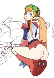 Rule 34 | 2021, artist name, ass, back, blonde hair, blue eyes, boots, clothes lift, commission, helmet, highres, long hair, long sleeves, looking at viewer, looking back, no panties, pachislot rockman ability, pleated skirt, ponytail, red footwear, red skirt, roll (pachislot rockman ability), seiza, shoe soles, sidelocks, simple background, sitting, skirt, skirt lift, sooperman, thighs, white background