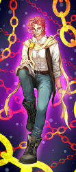 Rule 34 | 1boy, abstract background, absurdres, alternate costume, belt, bespectacled, book, boots, casual, chain, denim, glasses, highres, jeans, jojo no kimyou na bouken, kakyoin noriaki, male focus, musezuisha, open book, pants, reading, red hair, scarf, sitting, solo, vest