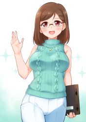 Rule 34 | 1girl, absurdres, arakawa tarou, blue sweater, blush, breasts, brown hair, character request, glasses, highres, jewelry, large breasts, looking at viewer, medium hair, necklace, open mouth, pants, precure, rectangular eyewear, red eyes, ribbed sweater, sakuragawa saki, sleeveless, sleeveless sweater, smile, solo, sweater, tropical-rouge! precure, white pants