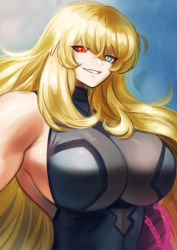 Rule 34 | 1girl, armor, bare shoulders, biceps, black dress, blonde hair, blue eyes, breasts, chain, dress, barghest (fate), barghest (second ascension) (fate), fate/grand order, fate (series), gauntlets, heterochromia, highres, jewelry, large breasts, long hair, looking at viewer, muscular, muscular female, necklace, red eyes, shinsaku (stan-art), shoulder armor, sideboob, single gauntlet, smile, solo, very long hair