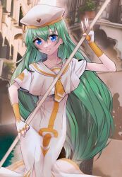 Rule 34 | 1girl, alice carroll, aogirism, aria (manga), arm up, beret, blue eyes, blush, collarbone, commentary, day, dress, feet out of frame, fingerless gloves, gloves, green hair, hair between eyes, hat, highres, holding, holding oar, impossible clothes, impossible dress, long hair, looking at viewer, neckerchief, oar, orange planet uniform, outdoors, print dress, short sleeves, sidelocks, smile, solo, standing, thighs, very long hair, white dress, white hat, yellow neckerchief