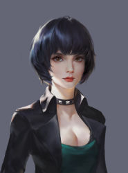 Rule 34 | 10s, 1girl, absurdres, black bra, black hair, black shirt, bra, bra peek, breasts, brown eyes, camisole, cleavage, collar, grey background, highres, lipstick, looking at viewer, makeup, medium breasts, nose, open clothes, open shirt, pale skin, pan cake (artist), pan xuan, persona, persona 5, realistic, shirt, short hair, solo, studded collar, takemi tae, underwear, upper body