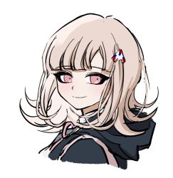 Rule 34 | 1girl, blouse, closed mouth, danganronpa (series), danganronpa 2: goodbye despair, flipped hair, from side, hair ornament, jacket, looking at viewer, medium hair, nanami chiaki, no (xpxz7347), pink eyes, shirt, simple background, smile, solo, upper body, white background, white shirt