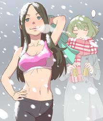 Rule 34 | 10s, 2girls, alcohol, arm up, armpits, beer, black hair, breasts, can, coat, cold, ebinera, closed eyes, green eyes, hand on own hip, helen (idolmaster), idolmaster, idolmaster cinderella girls, long hair, medium breasts, midriff, mole, mole under eye, multiple girls, runny nose, scarf, smile, snot, snow, sports bra, takagaki kaede, trembling, wind
