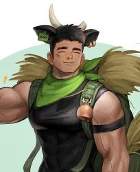 Rule 34 | 1boy, animal ears, animal print, bara, bare shoulders, bell, biceps, black hair, black tank top, chinese zodiac, closed eyes, covered abs, covered navel, cow boy, cow ears, cow horns, cow print, earrings, eyebrow cut, flexing, green shorts, happy new year, highres, horns, jewelry, large pectorals, male focus, muscular, muscular male, new year, odol illust, original, pectorals, short hair, shorts, sideburns, smile, solo, tank top, upper body, year of the ox