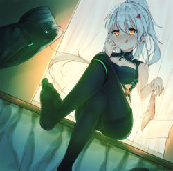 Rule 34 | 1girl, :q, ayanami (azur lane), azur lane, black pantyhose, black shorts, blush, bow, bow panties, breasts, brown eyes, cleavage, closed mouth, crossed legs, curtains, dutch angle, glowing, glowing eyes, hair ornament, hand up, high ponytail, holding, holding clothes, holding panties, holding underwear, long hair, medium breasts, no shoes, nose blush, panties, unworn panties, panties under pantyhose, pantyhose, pink panties, ponytail, prpr friends, short shorts, shorts, unworn shorts, silver hair, sitting, smile, soles, solo, thighband pantyhose, tongue, tongue out, transparent, underwear, very long hair, window