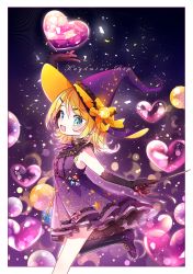 Rule 34 | 1girl, aqua eyes, arm up, blonde hair, boots, bow, character name, commentary, confetti, cowboy shot, dress, earrings, elbow gloves, english commentary, from side, gloves, hair ornament, hairclip, hat, hat bow, heart, highres, holding, holding wand, jewelry, kagamine rin, knee boots, leg up, looking at viewer, magical girl, melling rl, open mouth, orange bow, purple dress, purple footwear, purple gloves, purple hat, short hair, sleeveless, sleeveless dress, smile, solo, star (symbol), star hair ornament, vocaloid, wand, witch hat