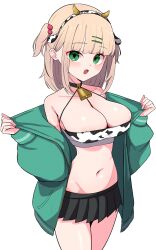 Rule 34 | 1girl, absurdres, bandeau, bare shoulders, bell, black choker, black skirt, blonde hair, choker, cowboy shot, fake horns, green eyes, green jacket, hair bobbles, hair ornament, hairband, halterneck, highres, horns, jacket, long sleeves, looking at viewer, medium hair, midriff, miniskirt, navel, neck bell, oha (oha h22), open clothes, open jacket, open mouth, pleated skirt, simple background, skirt, solo, standing, stomach, thighs, two side up, white background