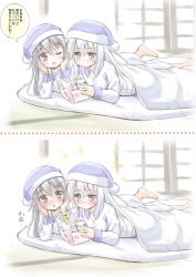Rule 34 | 10s, 2girls, :o, akatsuki (kancolle), alternate costume, barefoot, black hair, blush, book, comic, expressionless, fujishima shinnosuke, futon, grey eyes, hands on own cheeks, hands on own face, hat, hibiki (kancolle), highres, kantai collection, long hair, lying, multiple girls, nightcap, nightgown, on stomach, open book, open mouth, pajamas, purple eyes, reading, sigh, silver hair, sparkle, speech bubble, under covers