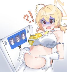 Rule 34 | !?, 1girl, @ @, absurdres, bare shoulders, bathroom scale, belly, belly grab, blonde hair, blue archive, breasts, cleavage, crop top, gen (unzzenasd), gloom (expression), gloves, halo, hands on own stomach, highres, kotori (blue archive), kotori (cheer squad) (blue archive), large breasts, navel, open mouth, plump, red eyes, shirt, short twintails, skirt, sleeveless, sleeveless shirt, turn pale, twintails, upper body, wavy mouth, weighing scale, white gloves, white skirt, wilted ahoge, yuuka (blue archive)