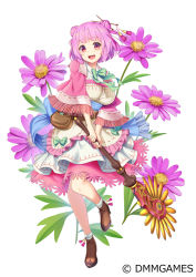 Rule 34 | 1girl, :d, bag, bow, bowtie, brachyscome (flower knight girl), brown bag, brown footwear, capelet, company name, double bun, dress, flower, flower knight girl, frills, full body, green bow, hair bun, hair ornament, hair stick, highres, holding, holding weapon, layered dress, looking at viewer, name connection, ninnzinn, object namesake, official art, open mouth, pink capelet, pink hair, red eyes, shoes, short hair, simple background, smile, solo, standing, weapon, white background