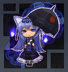 Rule 34 | 1girl, animal ears, ankle lace-up, blue eyes, blue fire, blue hair, bow, chibi, cross-laced footwear, dress, emil chronicle online, fire, ganesagi, gothic lolita, grey background, hair bow, hair ornament, hitodama, lolita fashion, long hair, looking at viewer, matching hair/eyes, minatsuki (eco), pigeon-toed, ribbon, smile, solo, umbrella