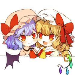 Rule 34 | 2girls, :d, ascot, bat wings, blonde hair, blue hair, blush, bow, cheek-to-cheek, collared shirt, fang, flandre scarlet, hat, hat bow, heads together, looking at viewer, multiple girls, open mouth, pink shirt, puffy sleeves, red ascot, red bow, red eyes, red vest, remilia scarlet, shirt, short hair, shoudoku taishi (taishi), siblings, side ponytail, simple background, sisters, smile, touhou, tsurime, vest, white background, white shirt, wings, yellow ascot