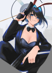 Rule 34 | 1girl, animal ears, black bow, black bowtie, black hair, black jacket, black pants, blue eyes, blush, bow, bow earrings, bowtie, breasts, cleavage, closed mouth, detached collar, dual wielding, earrings, gun, hair intakes, halo, handgun, highres, holding, holding gun, holding weapon, hololive, hololive english, jacket, jewelry, leotard, long sleeves, mechanical halo, medium breasts, open clothes, open jacket, ouro kronii, pants, playboy bunny, rabbit ears, saco (cgmore), solo, squatting, virtual youtuber, weapon