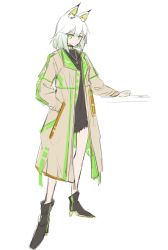 Rule 34 | 1girl, alternate costume, animal ear fluff, animal ears, arknights, beige jacket, black footwear, black shirt, boots, choker, commentary, full body, gradient hair, green eyes, green hair, hand in pocket, jacket, jewelry, kal&#039;tsit (arknights), medium hair, multicolored hair, necklace, nejikyuu, open clothes, open jacket, shirt, simple background, sketch, solo, standing, white background