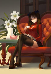 Rule 34 | 1girl, black hair, black thighhighs, book, breasts, brown eyes, crossed legs, cup, fate/stay night, fate (series), flower, highres, light smile, lily (flower), long hair, long legs, looking at viewer, nuwangyang (930426), sitting, solo, teacup, thighhighs, tohsaka rin, twintails