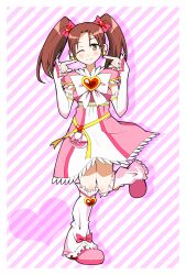 Rule 34 | 1girl, blush, boots, brooch, brown eyes, brown hair, cosplay, earrings, futari wa precure, futari wa precure max heart, hair ribbon, heart, heart brooch, jewelry, knee boots, minna-dietlinde wilcke, one eye closed, precure, ribbon, shiny luminous, shiny luminous (cosplay), solo, strike witches, tanaka rie, twintails, voice actor connection, wink, world witches series