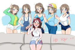 Rule 34 | 2019, 6+girls, absurdres, anchor tattoo, assisted handjob, bare shoulders, baseball cap, birthday, blue eyes, blush, bracelet, breasts, bulge, censored, character name, closed mouth, couch, danzfloor, dated, earrings, erection, erection under clothes, flower tattoo, futa with female, futanari, grey hair, grin, guided handjob, hair ornament, hand on own hip, hat, heart, heart-shaped pupils, highres, imminent group sex, jewelry, large breasts, large penis, licking lips, long hair, looking at another, looking at viewer, love live!, love live! sunshine!!, meme, multiple girls, multiple persona, necklace, no nose, one eye closed, open mouth, parted lips, penis, penis out, piper perri surrounded (meme), ponytail, sakurauchi riko, salute, short hair, sitting, smile, stud earrings, surrounded by penises, sweat, symbol-shaped pupils, tattoo, teeth, tongue, tongue out, watanabe you, wink, yuri