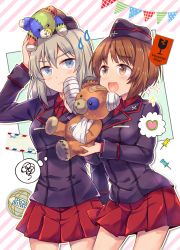 Rule 34 | &gt;:(, 10s, 2girls, bandages, bandaid, blazer, blue eyes, blush, boko (girls und panzer), breasts, brown eyes, brown hair, english text, frown, garrison cap, german text, girls und panzer, grey hair, hat, heart, highres, holding, holding stuffed toy, itsumi erika, jacket, long sleeves, looking at viewer, multiple girls, necktie, nishizumi miho, outline, pleated skirt, pushpin, red skirt, school uniform, short hair, skirt, sparkle, spoken heart, squiggle, stuffed animal, stuffed toy, sweatdrop, takitarou, teddy bear, thought bubble, v-shaped eyebrows