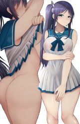 Rule 34 | 1girl, arm under breasts, armpit peek, arms up, ass, blue eyes, blue hair, blue sailor collar, blush, bottomless, breasts, chiyo (pk19981234), closed mouth, clothes lift, collarbone, convenient hand, covered erect nipples, dress, dress lift, grabbing own arm, half-closed eyes, highres, hiradaira chisaki, large breasts, lifting own clothes, long hair, looking at viewer, nagi no asukara, projected inset, sailor collar, sailor dress, school uniform, see-through, see-through dress, side ponytail, sleeveless, sleeveless dress, sweatdrop, undressing, white background, white dress