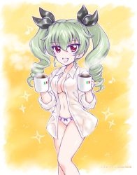 Rule 34 | 1girl, :d, anchovy (girls und panzer), artist name, black ribbon, bow, bow panties, breasts, cleavage, coffee, commentary, cup, dated, dress shirt, drill hair, eighth note, girls und panzer, green hair, hair ribbon, holding, holding cup, italian flag, kuromori yako, long hair, long sleeves, looking at viewer, medium breasts, musical note, navel, no bra, no pants, open clothes, open mouth, open shirt, panties, red eyes, ribbon, shirt, sleeves rolled up, smile, solo, sparkle, standing, steam, twin drills, twintails, underwear, white panties, white shirt, wing collar, yellow background