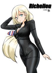 Rule 34 | 1girl, arm behind head, biker clothes, bikesuit, black bodysuit, blonde hair, blue eyes, blush, bodysuit, breasts, character name, cleavage, cowboy shot, dutch angle, hair between eyes, kantai collection, large breasts, long bangs, long hair, long sleeves, looking at viewer, low-tied long hair, mole, mole under eye, mole under mouth, one-hour drawing challenge, partially unzipped, pouty lips, richelieu (kancolle), signature, simple background, skin tight, tsukino murakumo, very long hair, white background