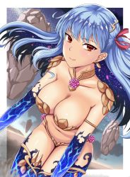 Rule 34 | 1girl, armlet, armor, bikini armor, blue hair, blush, border, breasts, cleavage, closed mouth, collarbone, detached sleeves, earrings, fate/grand order, fate (series), female focus, floating hair, floating rock, flower, hair ribbon, highres, jewelry, kama (fate), kama (third ascension) (fate), large breasts, leaning, leaning forward, light smile, lightning print, long hair, looking at viewer, lotus, midriff, navel, neck, necklace, orange eyes, purple sleeves, purple thighhighs, red ribbon, revealing clothes, ribbon, rock, ruaranhroi, smile, solo, strapless, thighhighs, thunder print, type-moon, white border