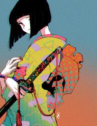 Rule 34 | 1girl, asagiwa ico, black hair, highres, japanese clothes, katana, kimono, one eye covered, original, short hair, solo, sword, weapon