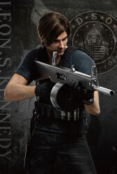 Rule 34 | 1boy, 3d, aa-12, arm hair, automatic shotgun, black gloves, black pants, blue shirt, brown hair, bulletproof vest, capcom, character name, closed mouth, combat shotgun, cross promotion, crossover, drum magazine, explosive, gloves, grenade, gun, hand grenade, high-capacity magazine, holding, holding weapon, leon s. kennedy, little armory, magazine (weapon), male focus, official art, pants, parted bangs, quebico, resident evil, resident evil: death island, shirt, short hair, short sleeves, shotgun, simple background, solo, standing, tms entertainment, tomytec, watch, weapon, wristwatch