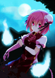 1girl bandages cuffs double_bun female_focus flower fujishiro_emyu full_moon hitodama ibaraki_kasen moon mouth_hold pink_hair red_eyes shackles short_hair solo tabard touhou