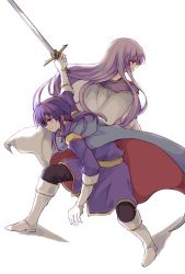 Rule 34 | 1boy, 1girl, blue hair, boots, brother and sister, cape, fire emblem, fire emblem: genealogy of the holy war, gloves, headband, holding, holding sword, holding weapon, julia (fire emblem), kitano 373, long hair, nintendo, seliph (fire emblem), siblings, smile, sword, weapon, white hair