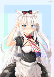 Rule 34 | 1girl, american flag neckwear, animal ears, apron, arm at side, arm behind back, arm up, azur lane, bad id, bad pixiv id, blue eyes, blush, bow, bowtie, breasts, cat ears, cleavage, closed mouth, cowboy shot, frilled sleeves, frills, hair bow, hammann (azur lane), highres, long hair, looking at viewer, medium breasts, multicolored background, necktie, puffy short sleeves, puffy sleeves, red bow, red necktie, salute, sashima, short sleeves, signature, solo, standing, straight hair, v-shaped eyebrows, very long hair, waist apron, white apron, white hair