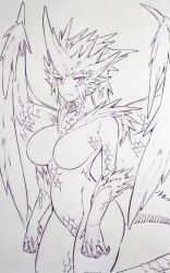 Rule 34 | 1girl, breasts, closed mouth, commentary request, copyright request, dragon girl, dragon horns, dragon tail, dragon wings, highres, horns, large breasts, looking at viewer, medium hair, monochrome, monster girl, nude, scales, solo, standing, tail, traditional media, tsukareta san, wings
