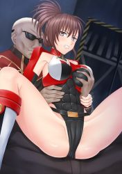 Rule 34 | 1boy, 1girl, armpits, asuka (crimson tears), belt, black eyes, boots, botan m, grabbing another&#039;s breast, breasts, brown hair, cameltoe, clenched teeth, crimson tears, fingerless gloves, folded ponytail, gloves, grabbing, groping, highres, imminent rape, leotard, medium breasts, molestation, partially visible vulva, ponytail, reverse cowgirl position, sex, sex from behind, short hair, spread legs, straddling, teeth