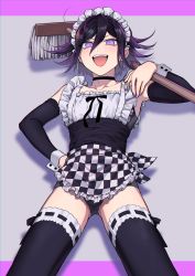 Rule 34 | 1boy, alternate costume, apron, black choker, black hair, black ribbon, black sleeves, black thighhighs, blush, broom, bulge, checkered apron, checkered clothes, choker, collarbone, commentary request, crossdressing, danganronpa (series), danganronpa v3: killing harmony, detached sleeves, enmaided, fang, from below, hair between eyes, hand on own hip, highres, holding, holding broom, looking at viewer, maid, maid headdress, male focus, male underwear, nail polish, nanin, open mouth, oma kokichi, pink eyes, pink hair, pink nails, ribbon, ribbon-trimmed legwear, ribbon trim, smile, solo, thighhighs, trap, underwear, waist apron, wrist cuffs