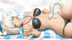 Rule 34 | 1girl, animal ears, bikini, black bikini, breasts, cameltoe, cat ears, cat girl, cat tail, collarbone, cowboy shot, facial mark, final fantasy, final fantasy xiv, green eyes, grey hair, hand rest, hand up, kasu (kasunohikari), knee up, looking at viewer, lowleg, lowleg bikini, lying, medium breasts, medium hair, miqo&#039;te, navel, on back, paid reward available, parted lips, shiny clothes, skindentation, slit pupils, smile, solo, stomach, swimsuit, tail, tan, twisted torso, whisker markings, y&#039;shtola rhul