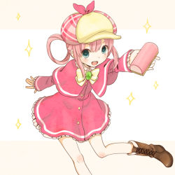 Rule 34 | 10s, 1girl, bad id, bad pixiv id, blue eyes, boots, cross-laced footwear, dress, giving, hair rings, hat, holding, incoming gift, mizutamako, open mouth, pink hair, sherlock shellingford, simple background, solo, star (symbol), tantei opera milky holmes, white background