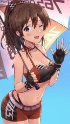Rule 34 | 1girl, absurdres, belt, black gloves, blue background, blue eyes, breasts, brown hair, cleavage, collarbone, fingerless gloves, gloves, high ponytail, highres, holding, holding umbrella, idolmaster, idolmaster million live!, large breasts, long hair, looking at viewer, midriff, navel, one eye closed, open mouth, parasol, race queen, red shorts, satake minako, shorts, shuucream (syuichi), simple background, smile, solo, umbrella, white belt